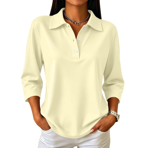 Basysin Polo Shirts for Women 3/4 Sleeve Tops Golf Tees Business Casual Button Down Crewneck Workout Polo Shirt