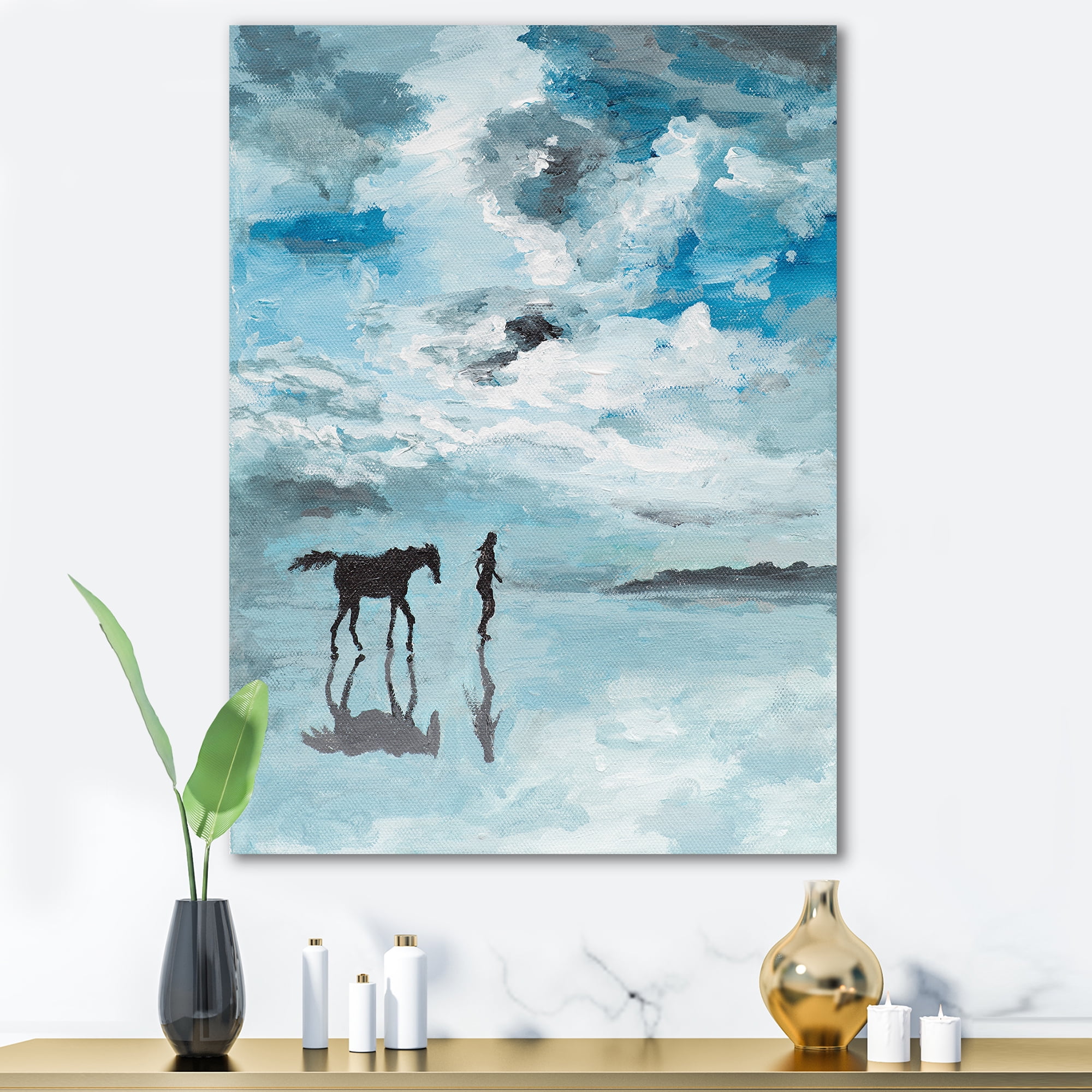 Designart ' Peaceful Scene Of Horse and Man Running By The Water ' Farmhouse Canvas Wall Art Print