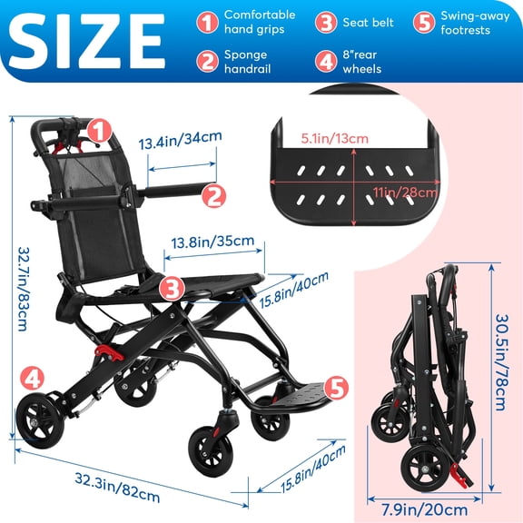 Yedigre Foldable Wheelchair for Adults, 286lbs Capacity - 3-Second Quick Fold & Portable, Fits Car Trunk