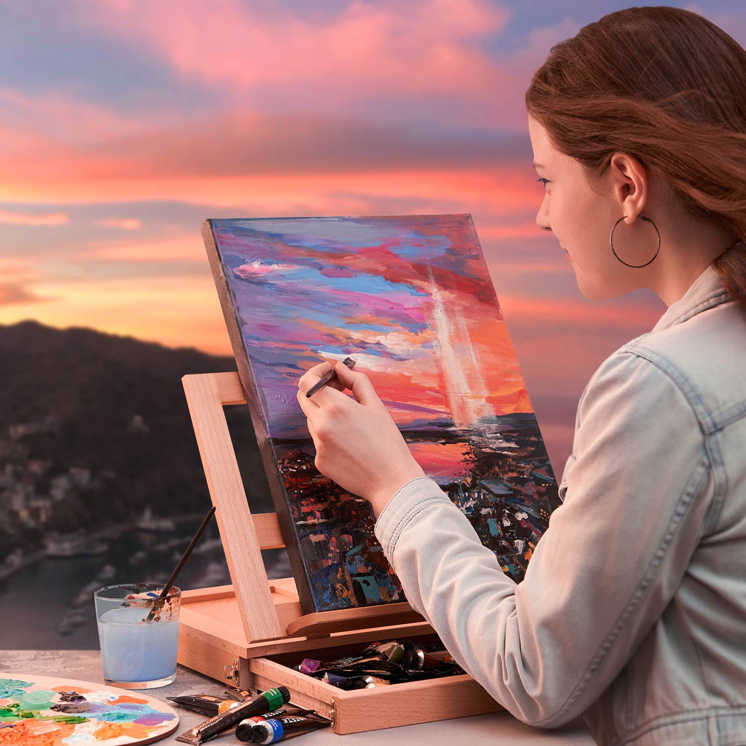 Arteza Essentials Tabletop Easel Art Set with Acrylic Paint, Brushes, Paper, Canvas Pads & Paper