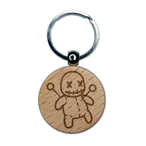 Creepy Voodoo Doll Round Keychain Charm Tag - Engraved Wood