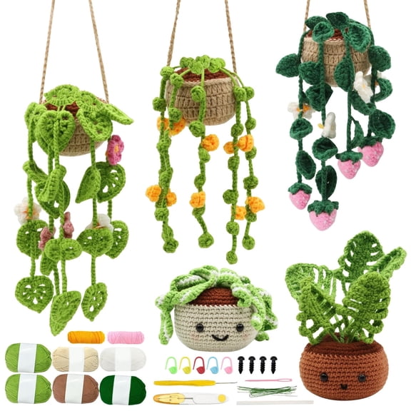 GIRACOA Crochet Kit for Beginners 5 Pcs Potted and Hanging Plant Crochet Kit Flowers Knitting Kit for Adults Learn to Crochet Including Yarn Tools and Video Tutorials, DIY Crocheting Craft Gifts