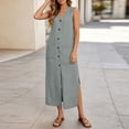 thumbnail image 6 of Hduncf Linen Dress Womens V Neck Button Down Sleeveless Shirt Dress Fashion Summer Casual Side Slit Maxi Tank Dresses with Pockets Gray L, 6 of 9