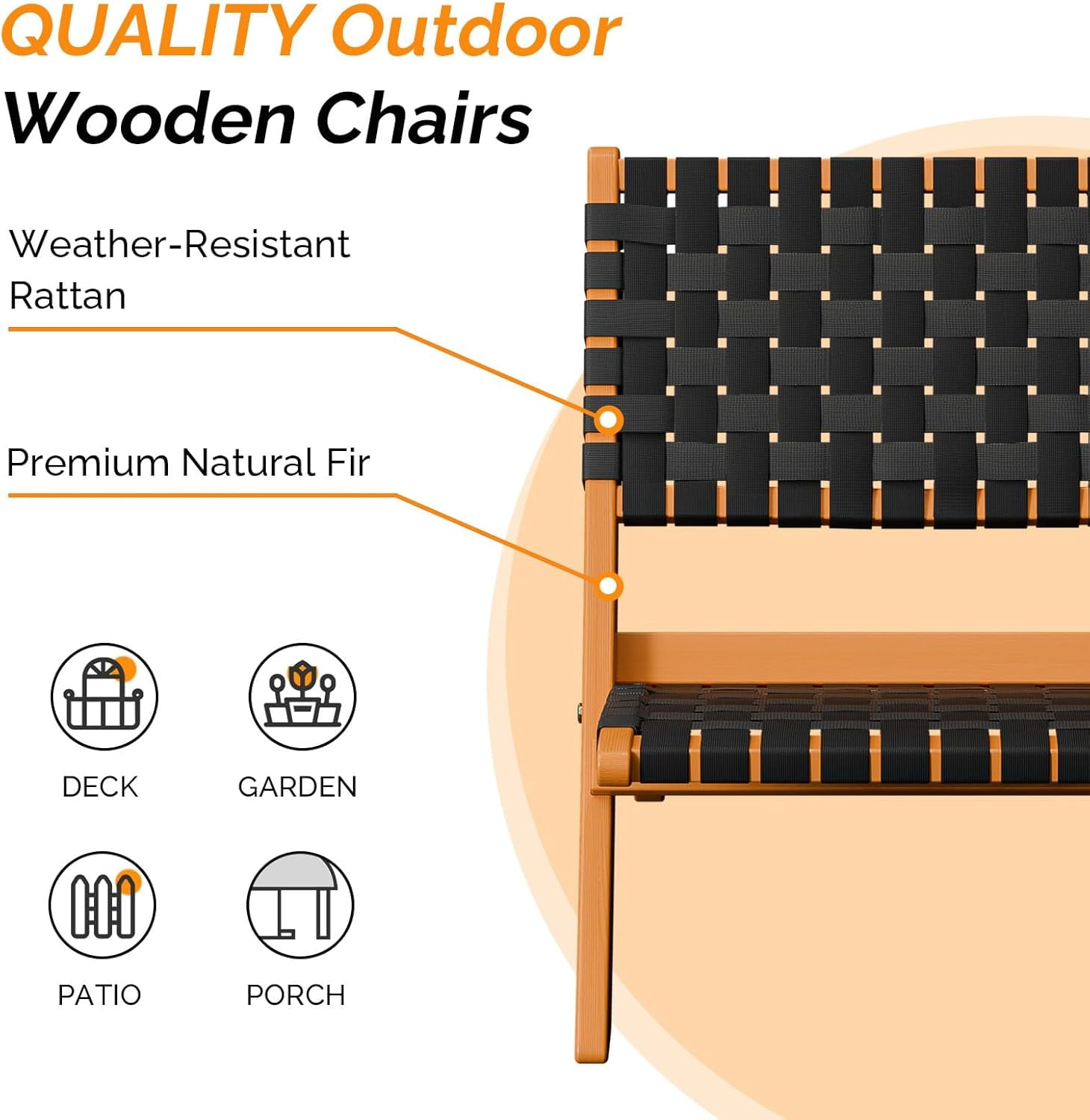 WLTER Wooden Outdoor Chairs, Portable Rattan Folding Chair with Low Webbing Seat and Backrest, Adirondack Chairs, Ideal for Patio, Lawn, Garden, Fishing, Black, 1 Pack