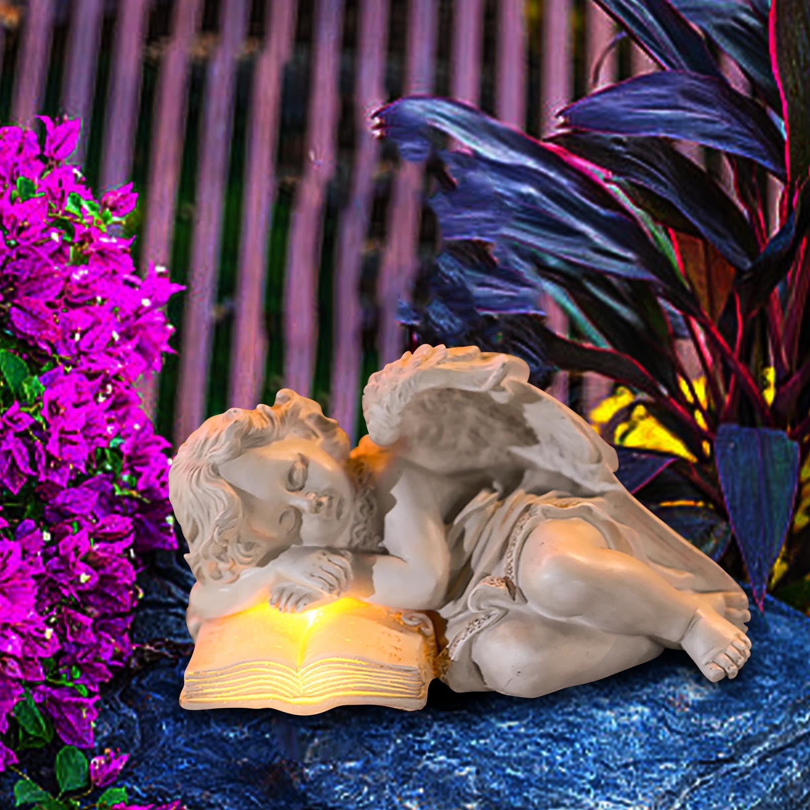 2 Packs Resin Angel Statue with Solar LED Light Outdoor Garden Decor for Patio Yard Memorial Gift Handmade Vintage Sculpture Durable Weatherproof Home Ornament