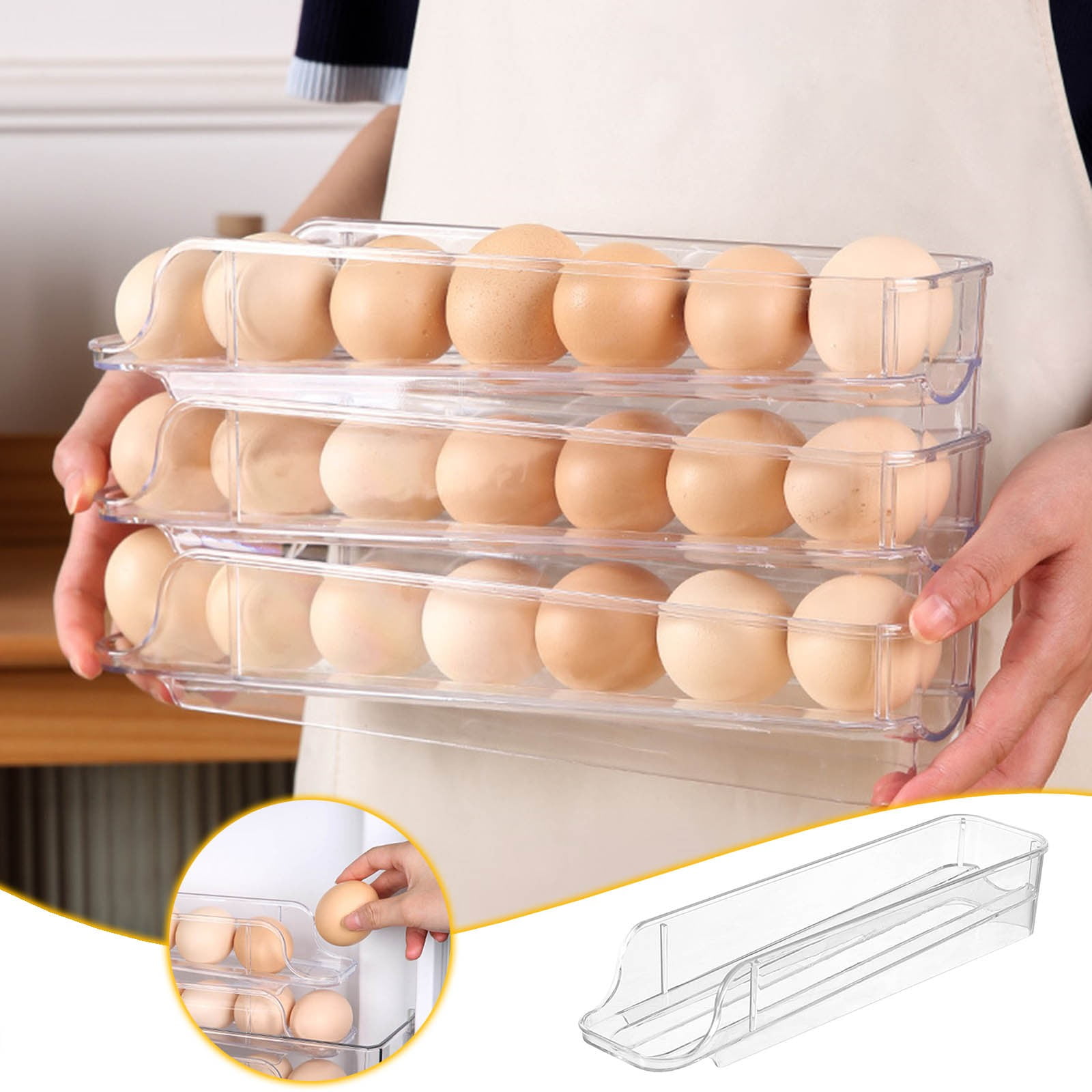Qholemyo Slim Food-grade Egg Tray For Refrigerator Kitchen Organizer Auto-rolling Design Fits Fridge Side Door For Chicken Duck Eggs Storage