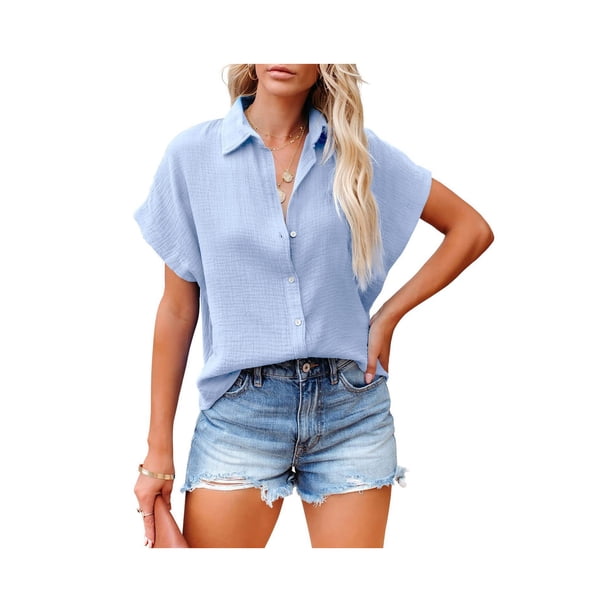 VISgogo Mujer Camisa Suelta, Manga Corta Solapa Cuello Botones Blusa Calle Casual Fiesta Color Sólido Tops VISgogo moda