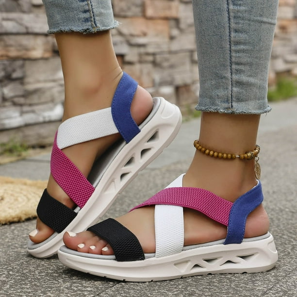 MKLEKYY Sandalias de Playa para Mujer, Sandalias de Playa Elásticas Transpirables de Moda de Verano para Mujer Con Tela de Patchwork