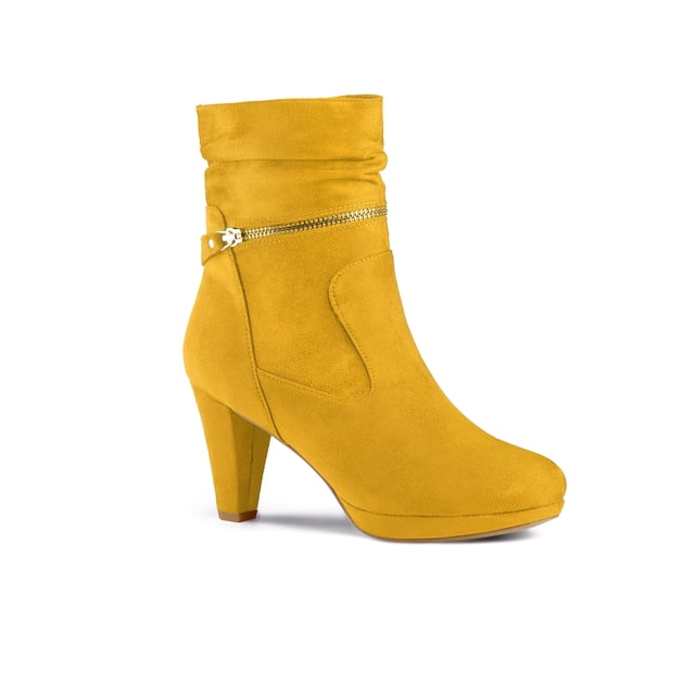 Unique Bargains Bottines à Talon à Bout Rond à Enfiler avec Fermeture Éclair pour Femme Jaune (Taille 7,5)