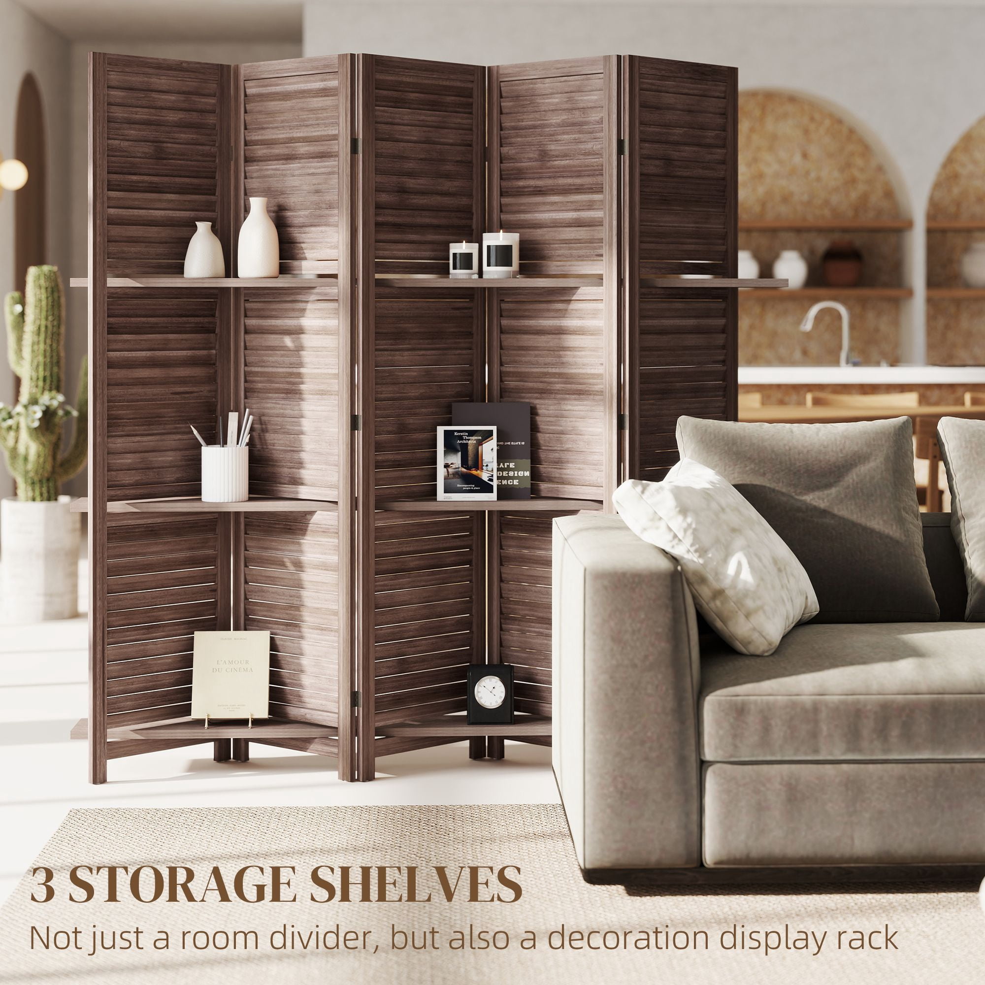 Alvantor 5 Panel Room Divider 67" Wood Privacy Screen with Storage Shelves for Porch Living Room Dorm Walnut