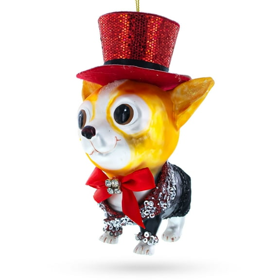 Chihuahua in Top Hat Glass Christmas Ornament