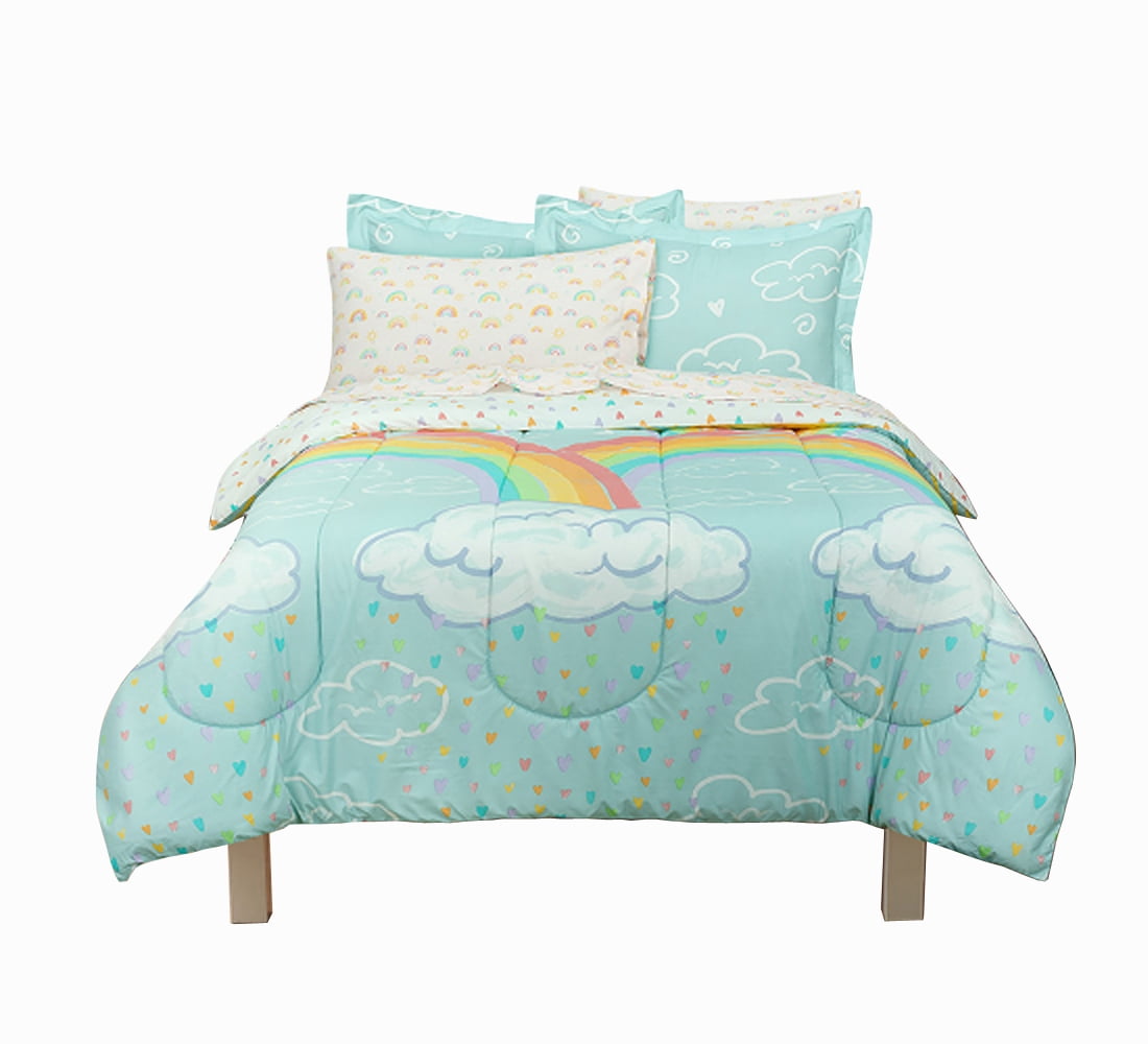 Full 7-Piece Comforter Set, Kidz Mix Rainbow Clouds Super Soft Bed in a Bag with Reversible Comforter and Sheet Set