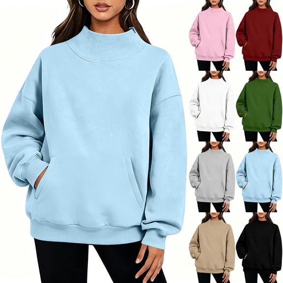 HongQid Mock Neck Sweatshirt for Women High Collar Windproof Oversized Loose Dual Side Kangaroo Pocket Casual Pullover Tops S-2XL