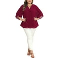 thumbnail image 2 of Agnes Orinda Women's Plus Size Valentines Day Chiffon Tops Notch V Neck 3/4 Tulip Sleeve Pleated Front Dressy Casual Summer Blouses 1X Burgundy, 2 of 5