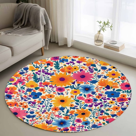 Round Rugs 3Ft, Colorful Spring Floral Round Area Rug Washable Indoor Throw Carpet, Farmhouse Summer Botanical Small Non Slip Circle Rug for Bedroom Living Room Home Decor Aesthetic