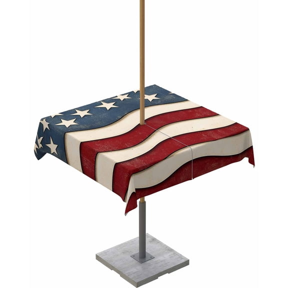 Outdoor Tablecloth with Umbrella Hole for Patio/Picnic/Party/Camping, Retro American Flag Waterproof Table Cloth Square Cover Washable, White Star Red Blue US Flag 54"x 54"