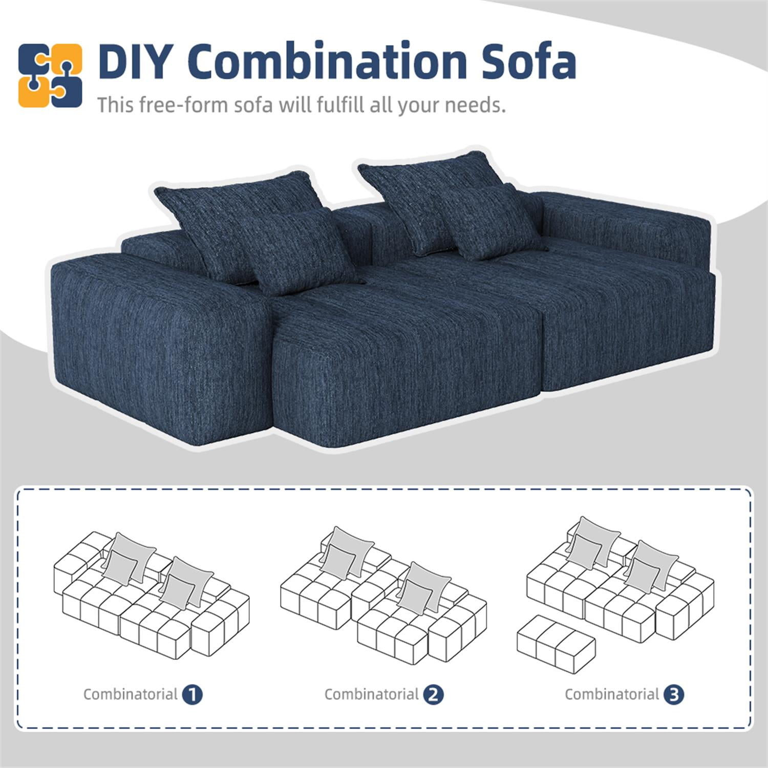 Demi Bonn 113" Modular Sectional Sofa with 2 Chaise Lounges & 4 Pillows Included, Chenille Fabric Soft Cushions Couch for Living Room, No Assembly Needed, Blue