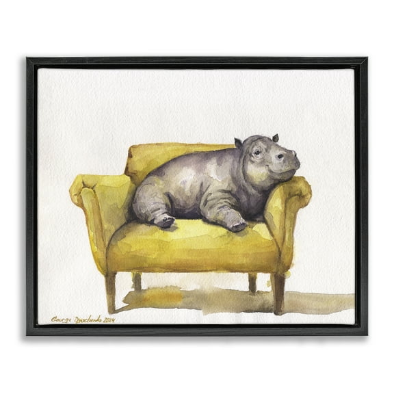 Stupell Industries Hippo on Yellow Chair Animals Painting Black Floater Framed Canvas Art Print Wall Art, 21 x 17