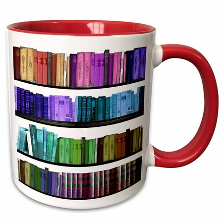

3dRose Colorful bookshelf books - Rainbow bookshelves - reading book geek library nerd - librarian author - Two Tone Red Mug 11-ounce