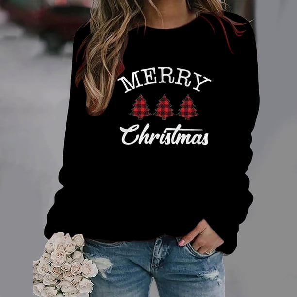 Pntutb Tops de mujer Suéter de cuello redondo con estampado navideño Blusa suelta Sudadera sin capucha Pntutb Pntutb-3639