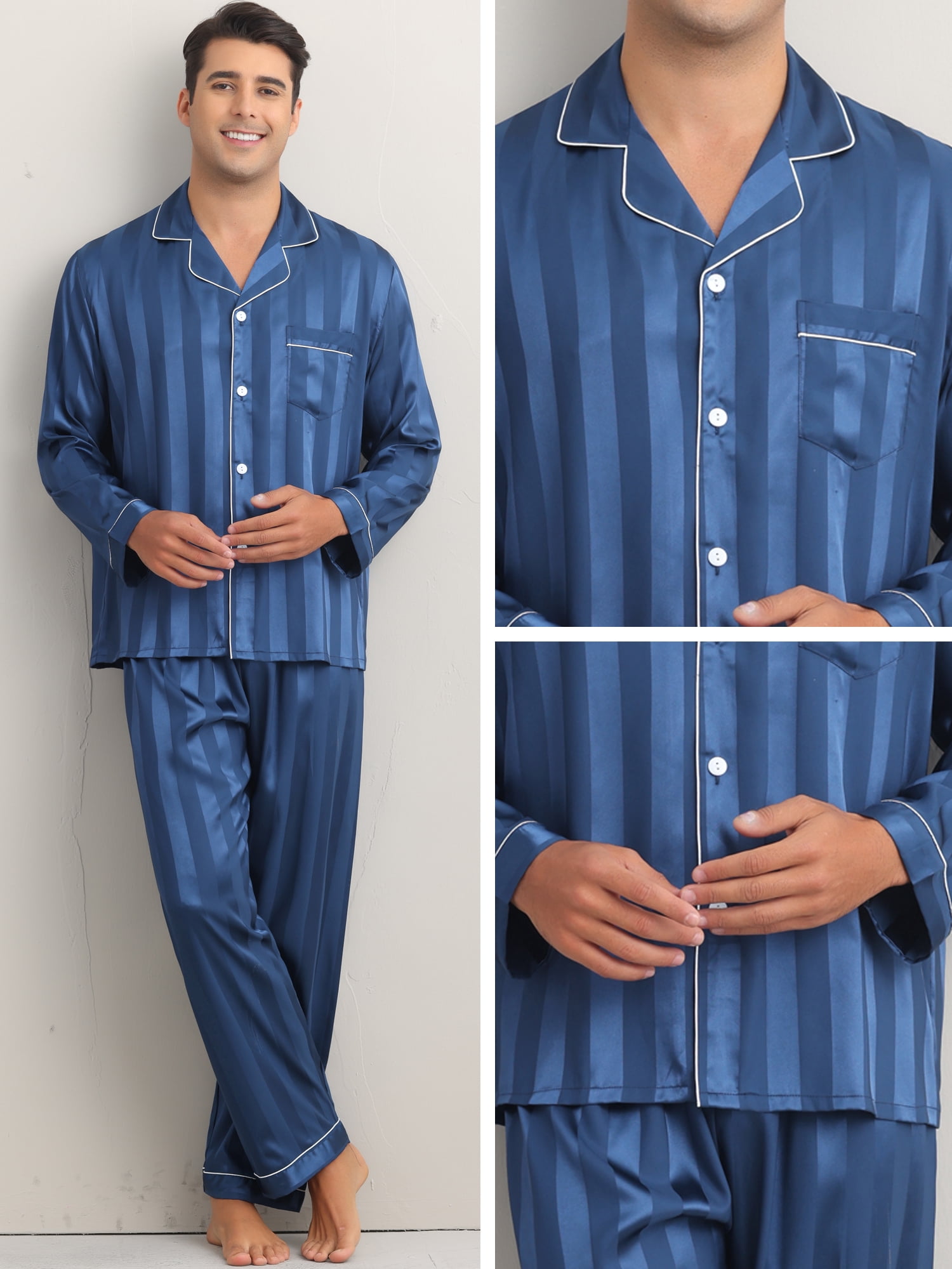 DARING DIVA Men's 2-Piece Long Sleeve Top And Pants Striped Pajama Set M Navy