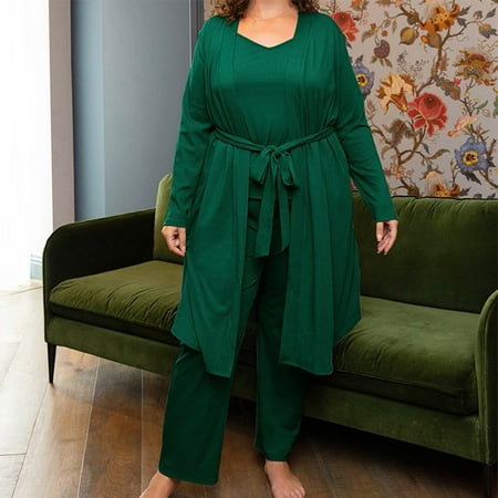 

Girlsshop Women Plus Size Nightgown Long Sleeve Soild Color Sleepwear Belted Cardigan 1pcs