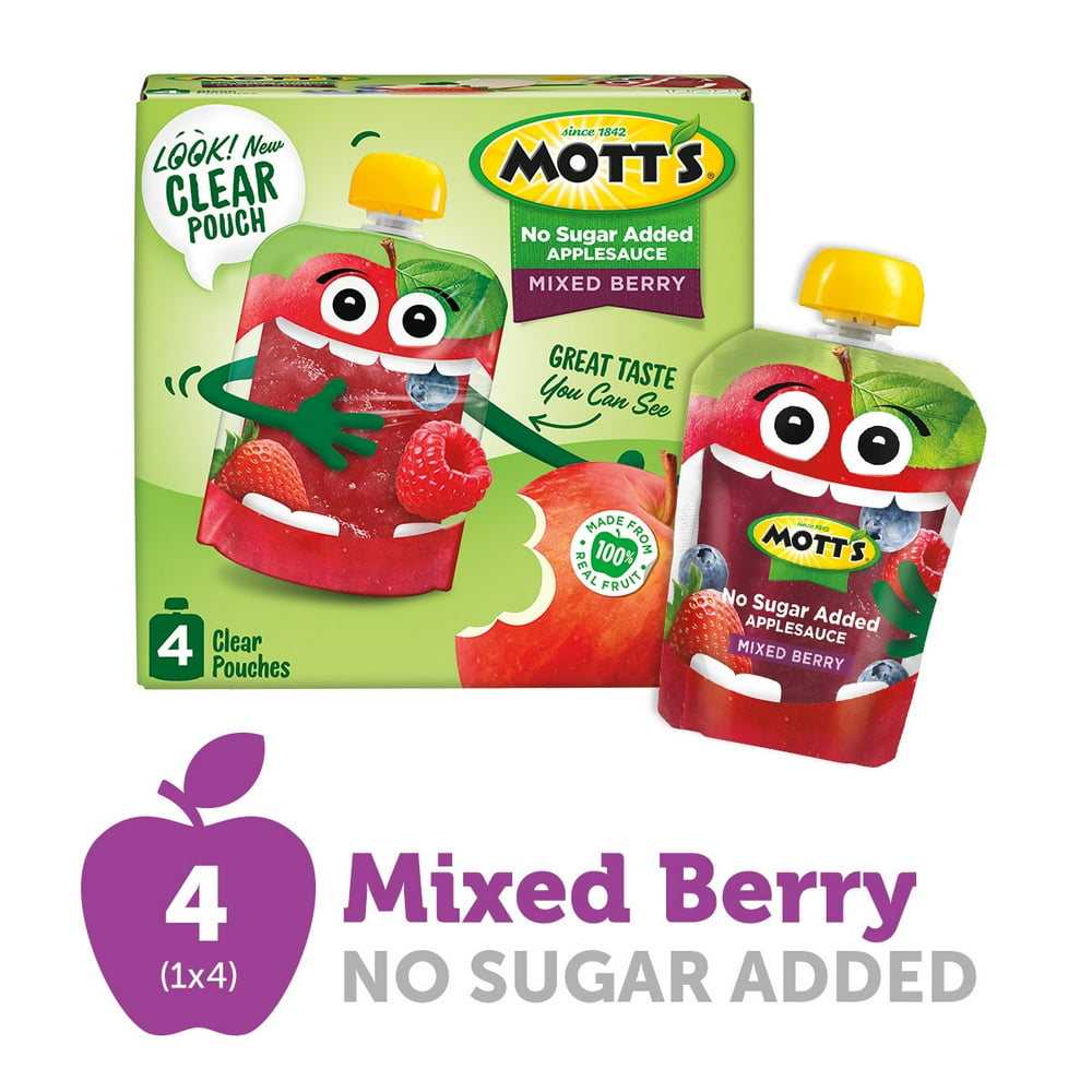 Mott's No Sugar Added Mixed Berry Applesauce, 3.2 oz clear pouches, 4
