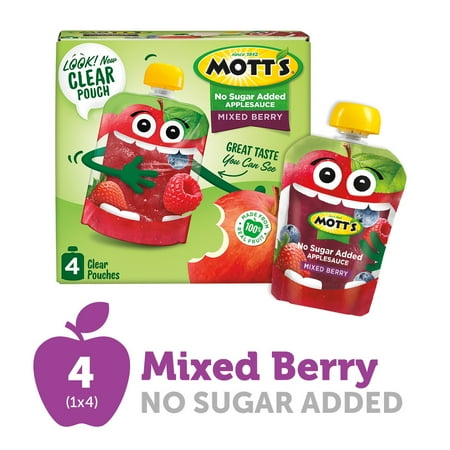 Mott's No Sugar Added Mixed Berry Applesauce, 3.2 oz clear pouches, 4 count