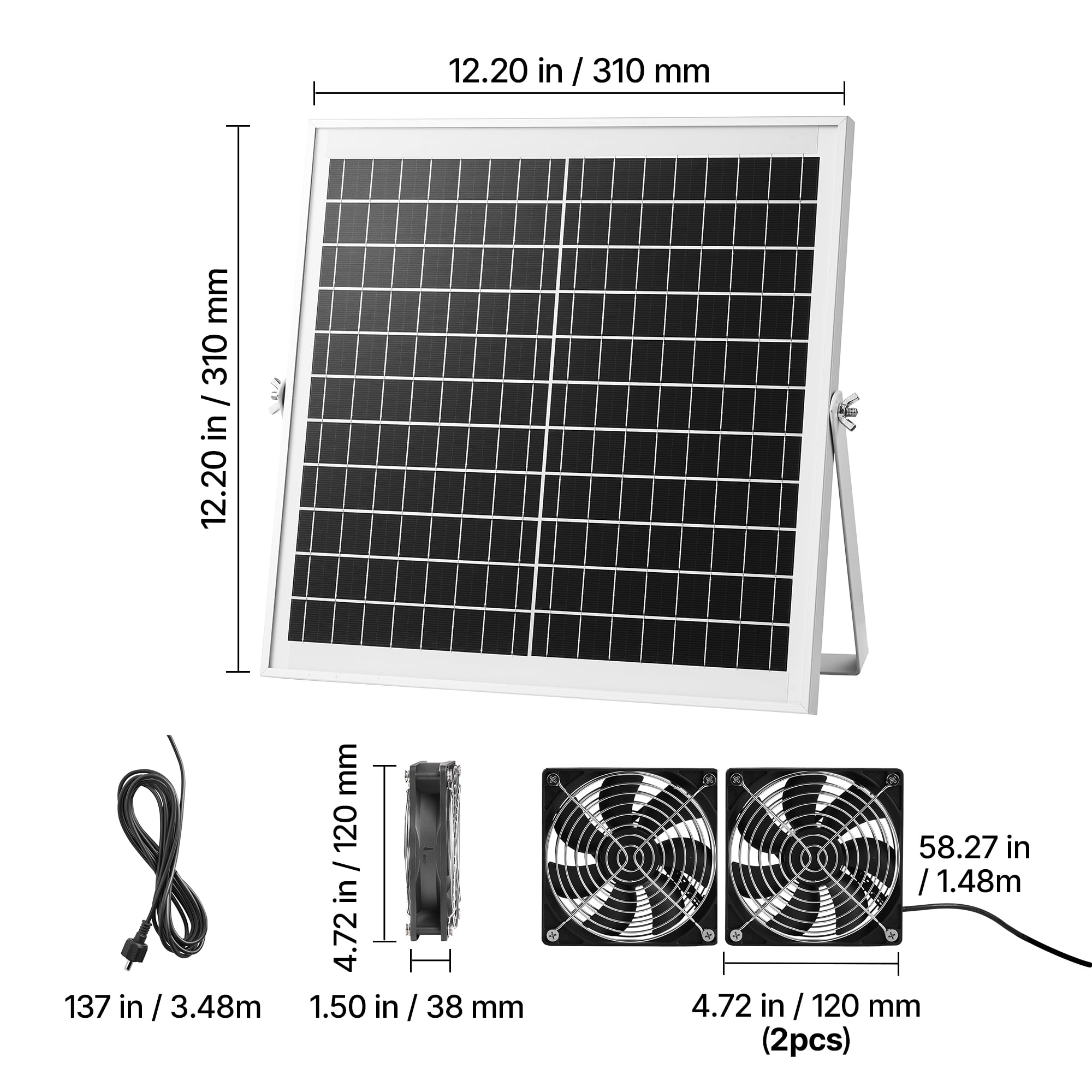 VEVOR Solar Powered Fan, 15W Solar Panel with 2 Fans, Adjustable Solar Panel Angle, 2668 RPM High-Speed, Flexible Installation, Fast Air Exchange for Greenhouse, Grow Tents, Chicken Coops, Shelters