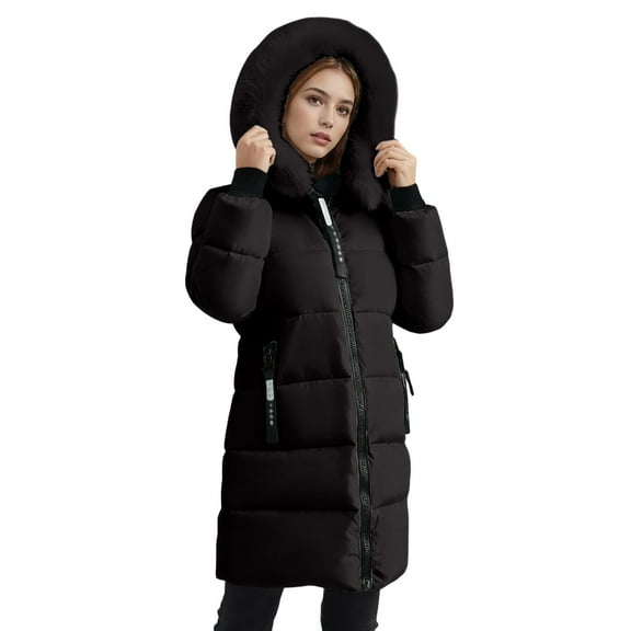 RYRJJ Women's Winter Puffer Coat Windproof Long Warm Down Coats Thicken Hooded Fleece Lined Parka Jackets with Zipper Pockets(Black,XL)