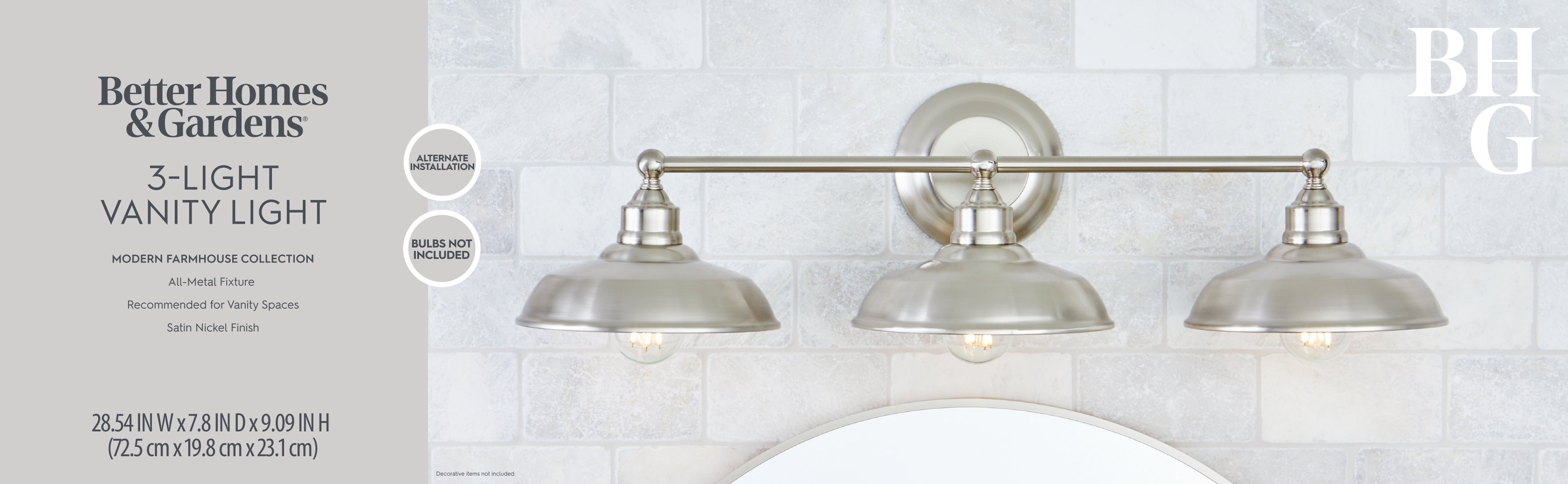 Better Homes & Gardens 28.5" Farmhouse-Style 3-Head Vanity Light , Satin Nickel Finish, E26 Socketed
