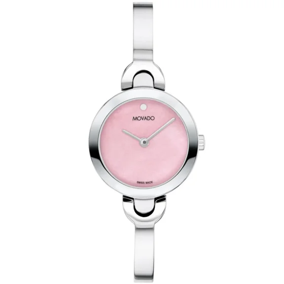 Movado Intrigue 0607948 Pink Dial Silver Stainless Steel Bangle Womens Watch
