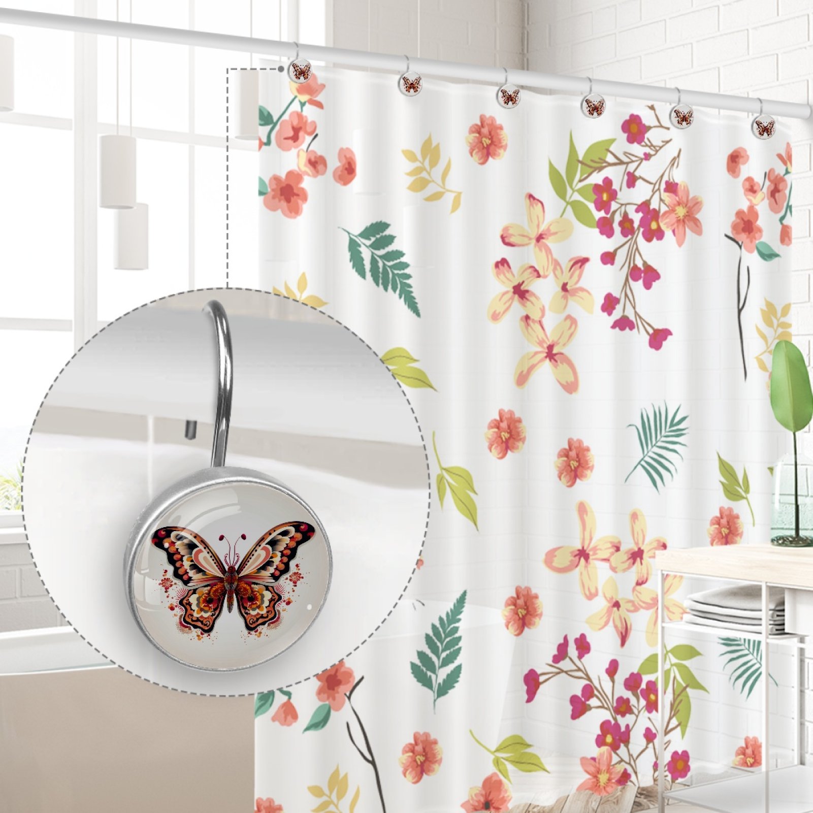 HemaKayy 12 Pcs Decorative Shower Curtain Hooks - Stainless Steel Rings for Bathroom Décor - Easy Glide & Secure Hold - Perfect Decoration for Bathroom Shower Rods - Mysteriou Butterfly