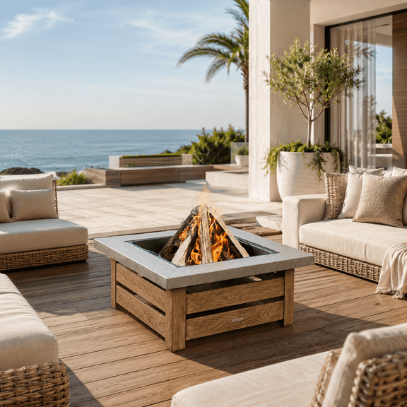 Seizee Fire Pit Table for Outside, 34’’ Square Outdoor Fire Pit with Ceramic Tile Tabletop, Wood-Grain Metal Base, Mesh Spark Screen, Removable Cover Lid for Patio Backyard Garden