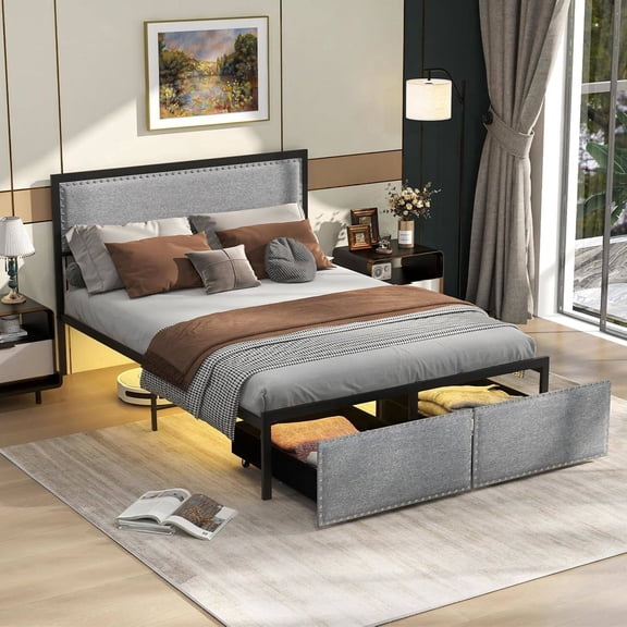 Full Size Bed Frame with Lights and Storage Drawers, Upholstered Bed with Linen Fabric Headboard, Metal Slats Support, No Box Spring Needed, Full Bed Frame with Storage, Grey