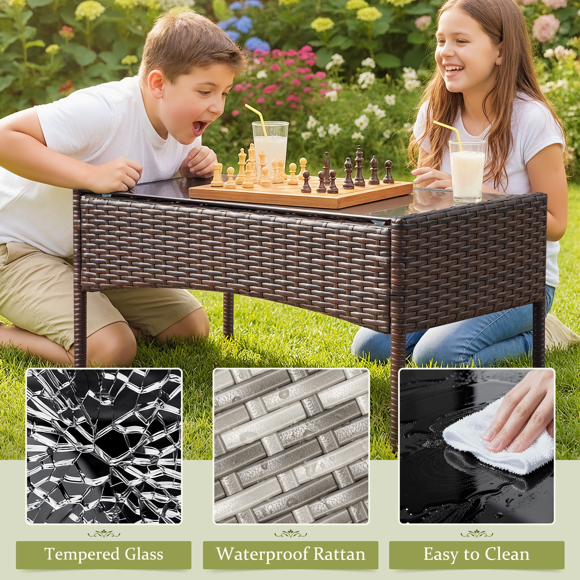 Homall 4 Pieces Patio Conversation Set Outdoor Furniture Rattan Chairs Wicker Seating with Cushion and Table Weather-resistant for Porch Garden Backyard, Brown /Gray