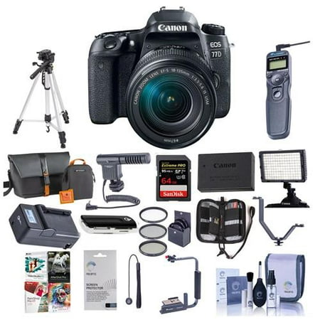 Canon EOS 77D DSLR with EF-S 18-135mm F3.5-5.6 IS USM Lens - Bundle With 64GB SDXC Card, Camera Bag, Tripod, Video Light, Shotgun Mic, Spare