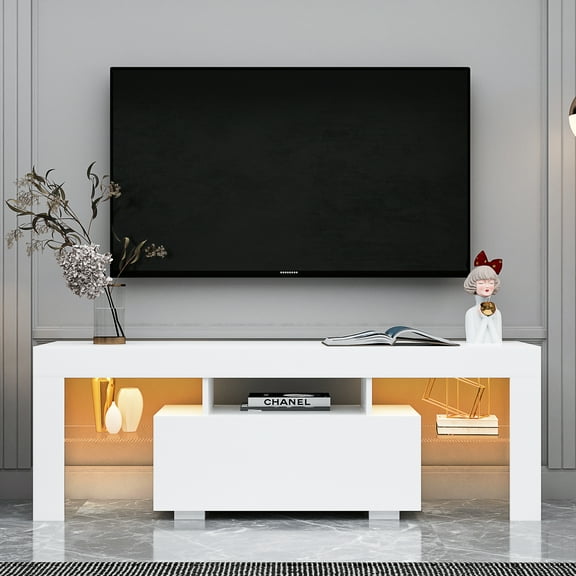 TV Stand for 55 Inch TV, 55" TV Stands with LED RGB Lights, Flat Screen TV Cabinet, 1 Drawer and Built-in Shelves, Wood Television Stands for Lounge Room, Living Room, White