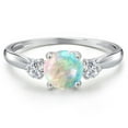 thumbnail image 3 of Gem Stone King 10K White Gold Simulated White Opal and Lab Grown Diamond 3-Stone Ring for Women | 0.52 Cttw | Round Cabochon 6MM | Gemstone October Birthstone | Size 5, 3 of 6