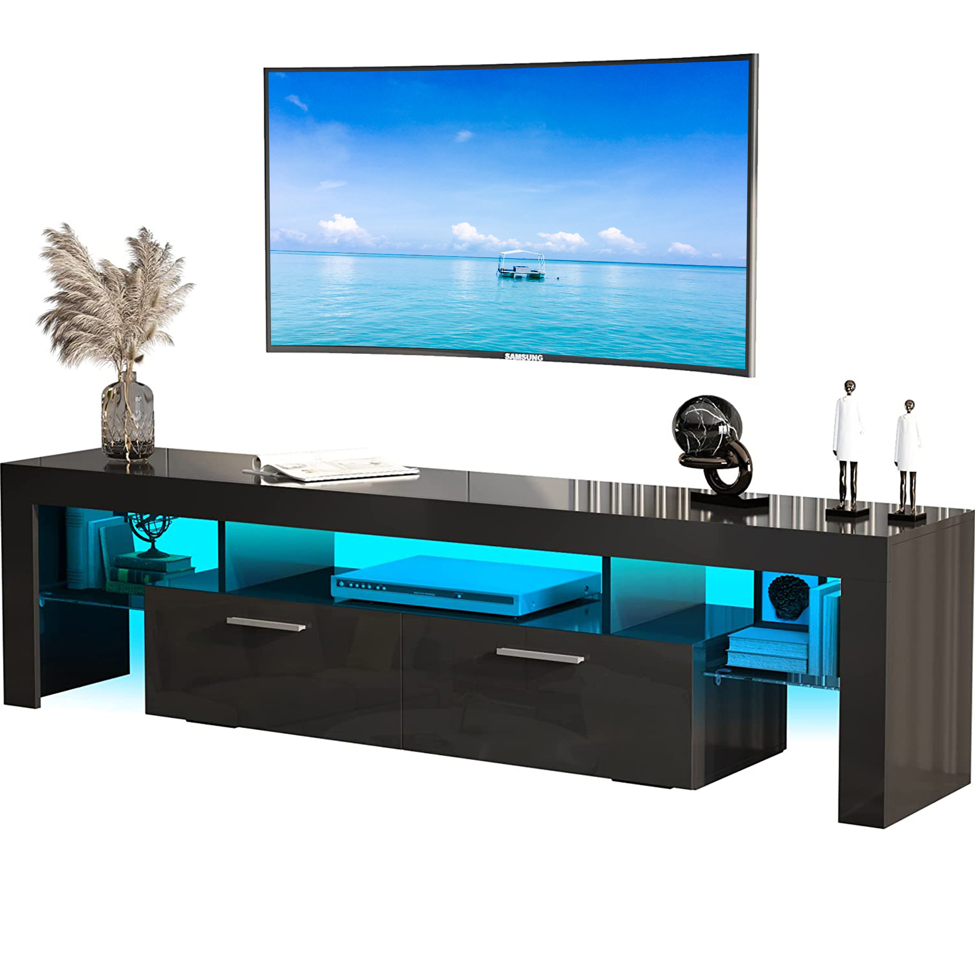 Black TV Stand for 70 inch TV, Modern High Glossy Television Table Stands TV Cabinet Console Table with 16 Colors LED Lights, TV Buffet Cabinet with Storage, Living Room Entertainment Center - image 2 of 13
