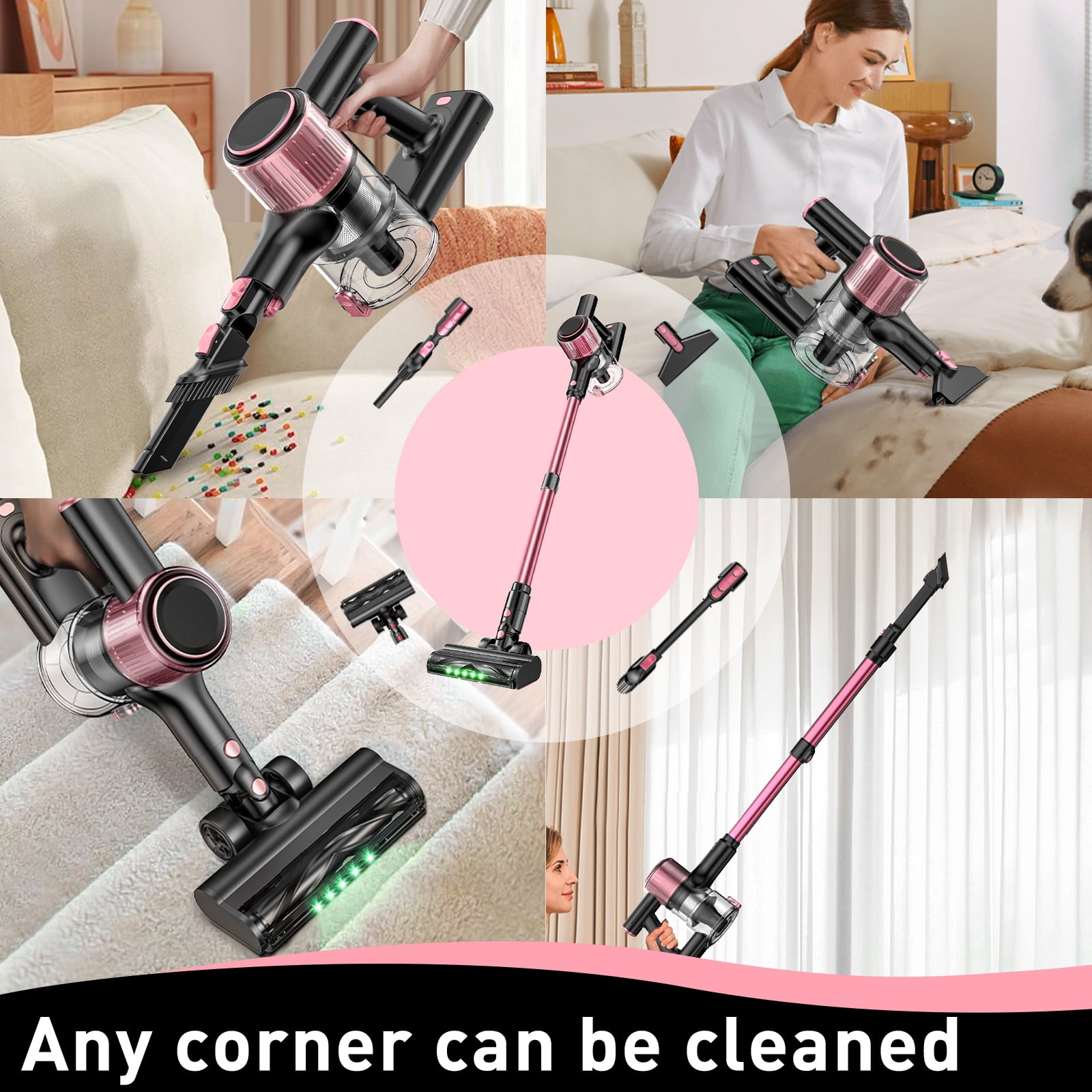 A27 Cordless Vacuum Cleaner, Stick Vacuum with Powerful Suction, Hose, Green LED Light, Anti-Tangle Brush, Lightweight Rechargeable Vacuum Cleaner for Home, Hardwood Floors, Carpets,Pink
