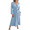 thumbnail image 2 of qafoshin Fall Pleated Dresses for Women V Neck Long Sleeve Midi Dress Waistband Classic Ruched Dress, 2 of 7