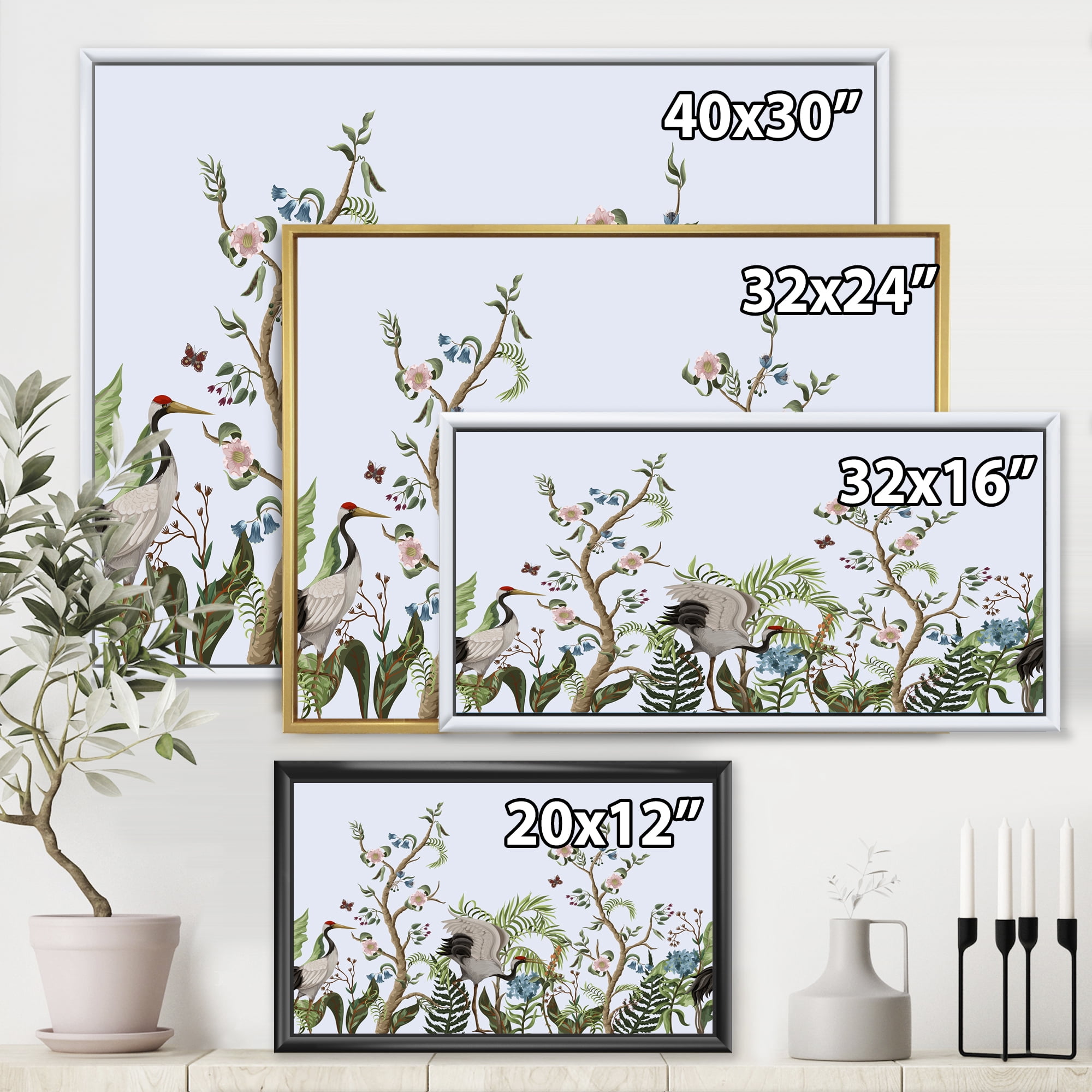 Designart 'Border With Peonies and Cranes In Chinoiserie Style' Traditional Framed Canvas Wall Art Print