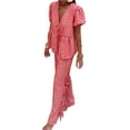 thumbnail image 2 of Yunliwuli Women Summer Pants Outfits Plaid Front Tie-Up Short Sleeve Shirts Tops Elastic Waist Long Pants 2 Pieces Clothes Set, 2 of 10