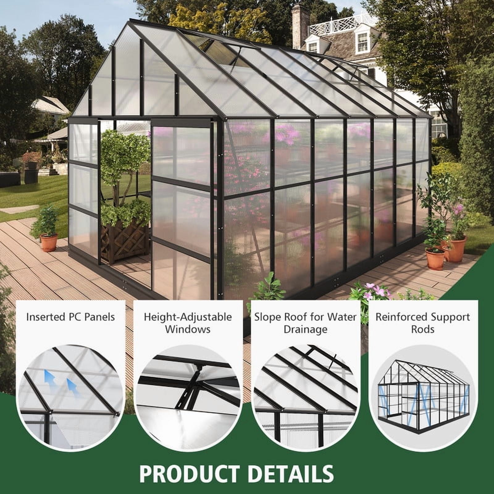 GAZEBETER 10x14 FT Aluminum Greenhouse for Outdoors,Walk in Greenhouse,Polycarbonate Greenhouse with 4 Roof Vent Windows and Lockable Double Doors for Backyard,Black