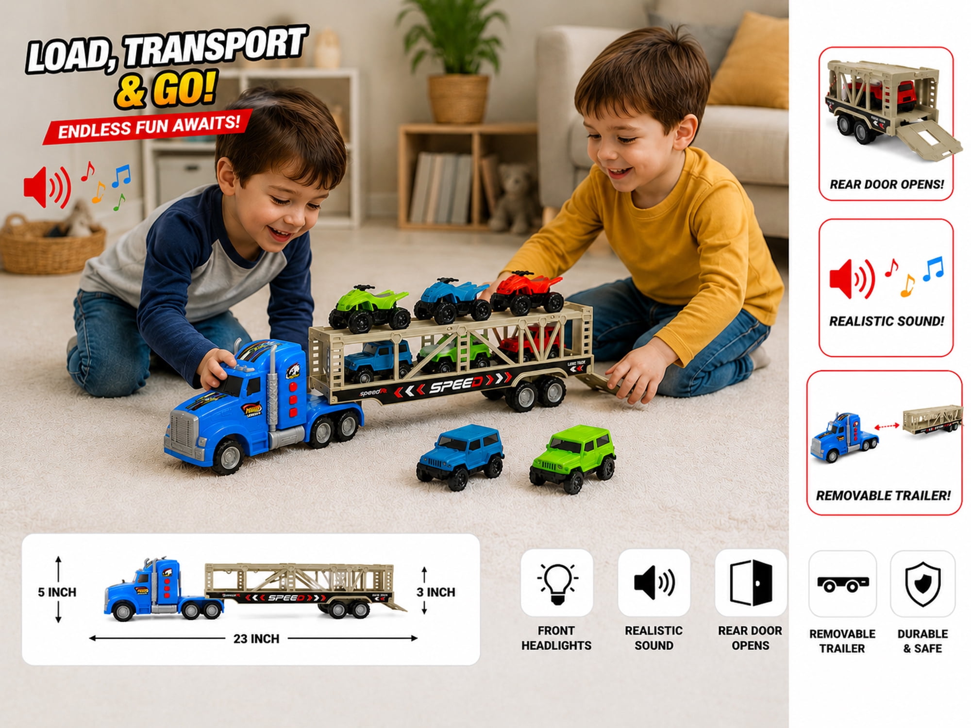 Friction Powered Toy Car Carrier Truck, 23 Inch Transport Trailer with 6 Mini Vehicles, Lights, Sounds, Opening Rear Door, Detachable Trailer