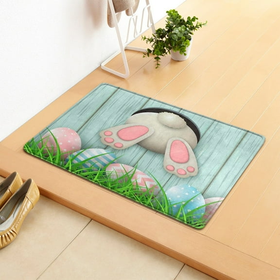 Zhourta Easter Door Mat for Outside Entry Kitchen Mats Cute Bunny Egg Flowers Decoration Non Slip Washable Greeting Party Decorations 15.74x23.62Inch