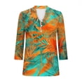 thumbnail image 5 of Pounoo Tropical Print V Neck 3/4 Sleeve Blouses for Women Palm Leaf & Floral Pattern Button Front Puff Sleeves Breathable Vacation Casual Outfits Shirts Gift, 5 of 6