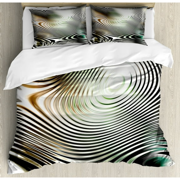 Abstract Duvet Cover Set Queen Size, Geometrical Modern Zebra like Pattern with Circled Detailed Artwork Print, Decorative 3 Piece Bedding Set with 2 Pillow Shams, Black and White, by Ambesonne