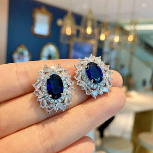 3Ct Lab Created Oval Blue Sapphire Diamond Halo Stud Earrings 14K Gold Plated